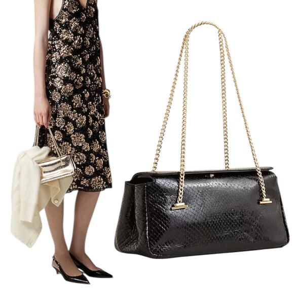 J. Crew Chain Stap Bag Snake Embossed Leather Black Gold Chain - Picture 1 of 14